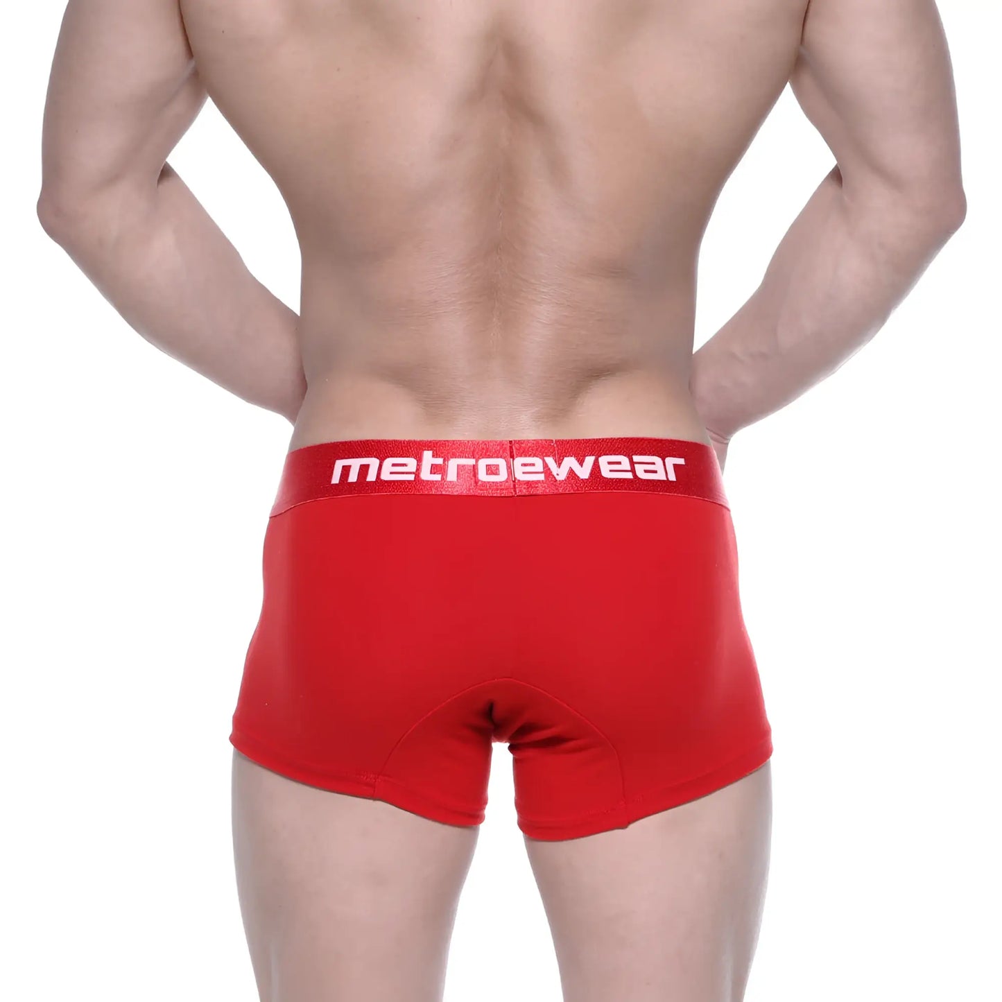 Red metrowear cotton boxer briefs in crimson with a white logo waistband designed for everyday comfort and style