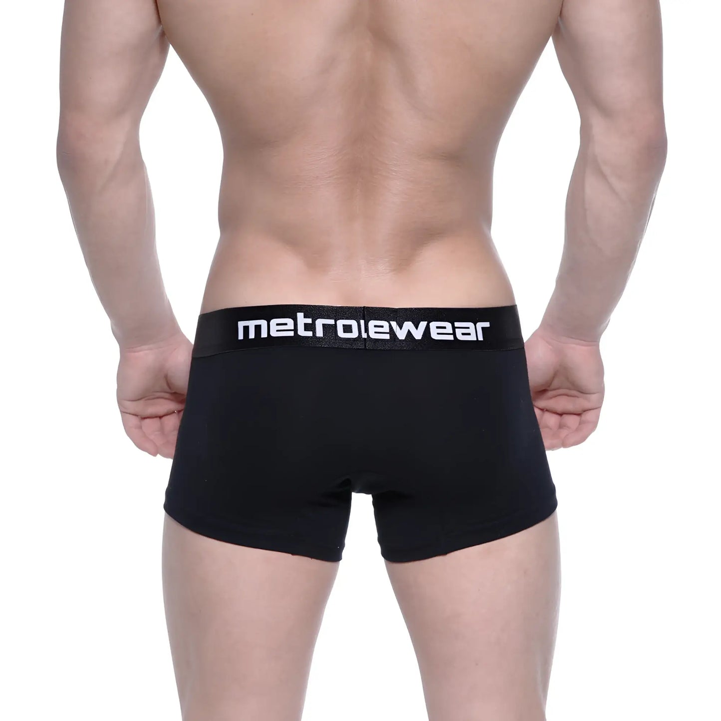 Black MetroMaleWear cotton short boxer briefs with intense 7 inch inseam and white logo waistband