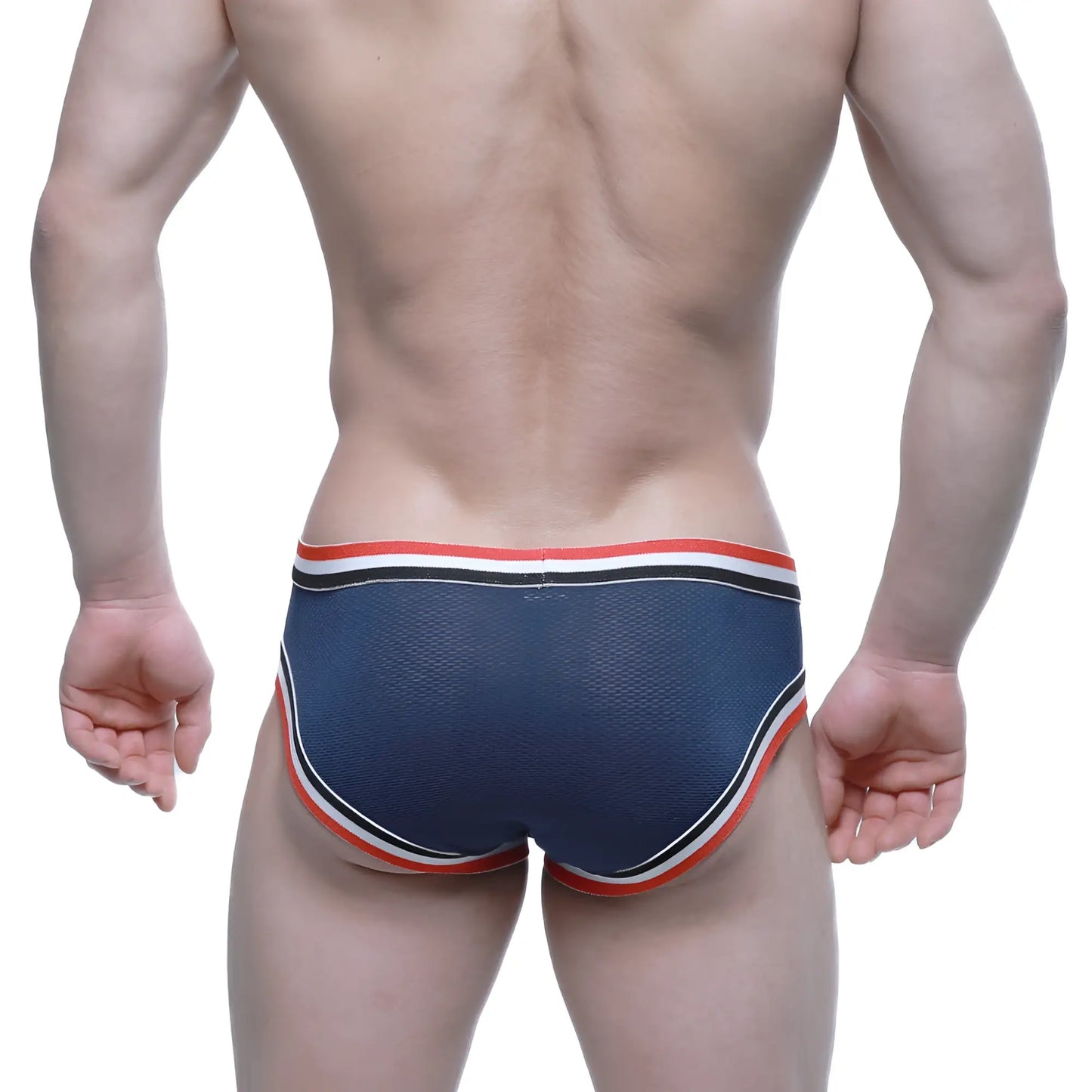 Navy blue mesh briefs with red white and black striped trim metro male wear cupid bikini 6105-28 front view