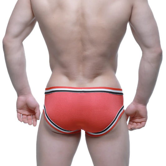Orange textured briefs with black and white striped trim from MetroMaleWear Cupid Bikini Red 6105-12 product line