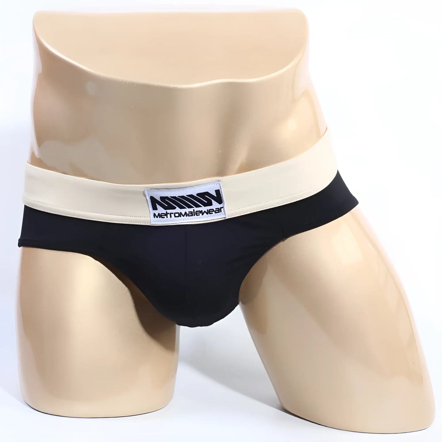 Black metro male wear deportivo brief with cream waistband and midn metromalewear logo in cotton blend fabric