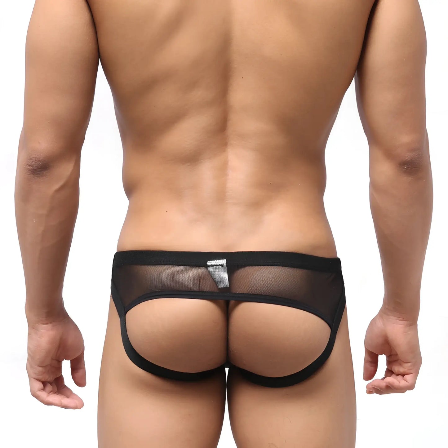 Black mesh thong jock strap with solid black waistband and silver logo tag from MetroMaleWear despejado 1301-20