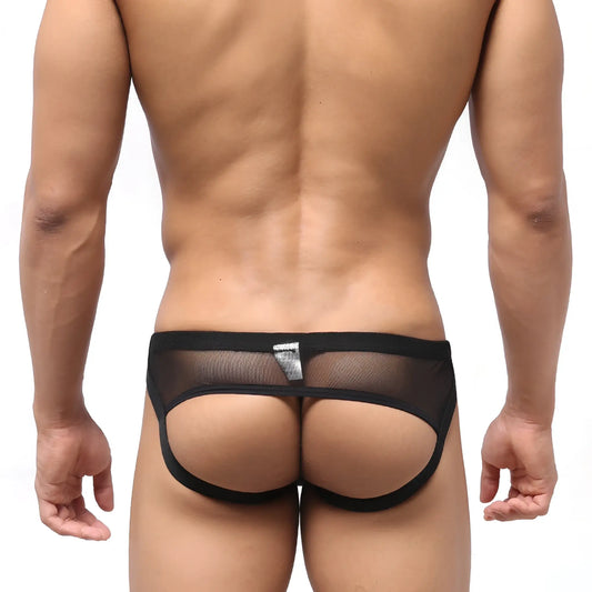 Black mesh thong jock strap with solid black waistband and silver logo tag from MetroMaleWear despejado 1301-20