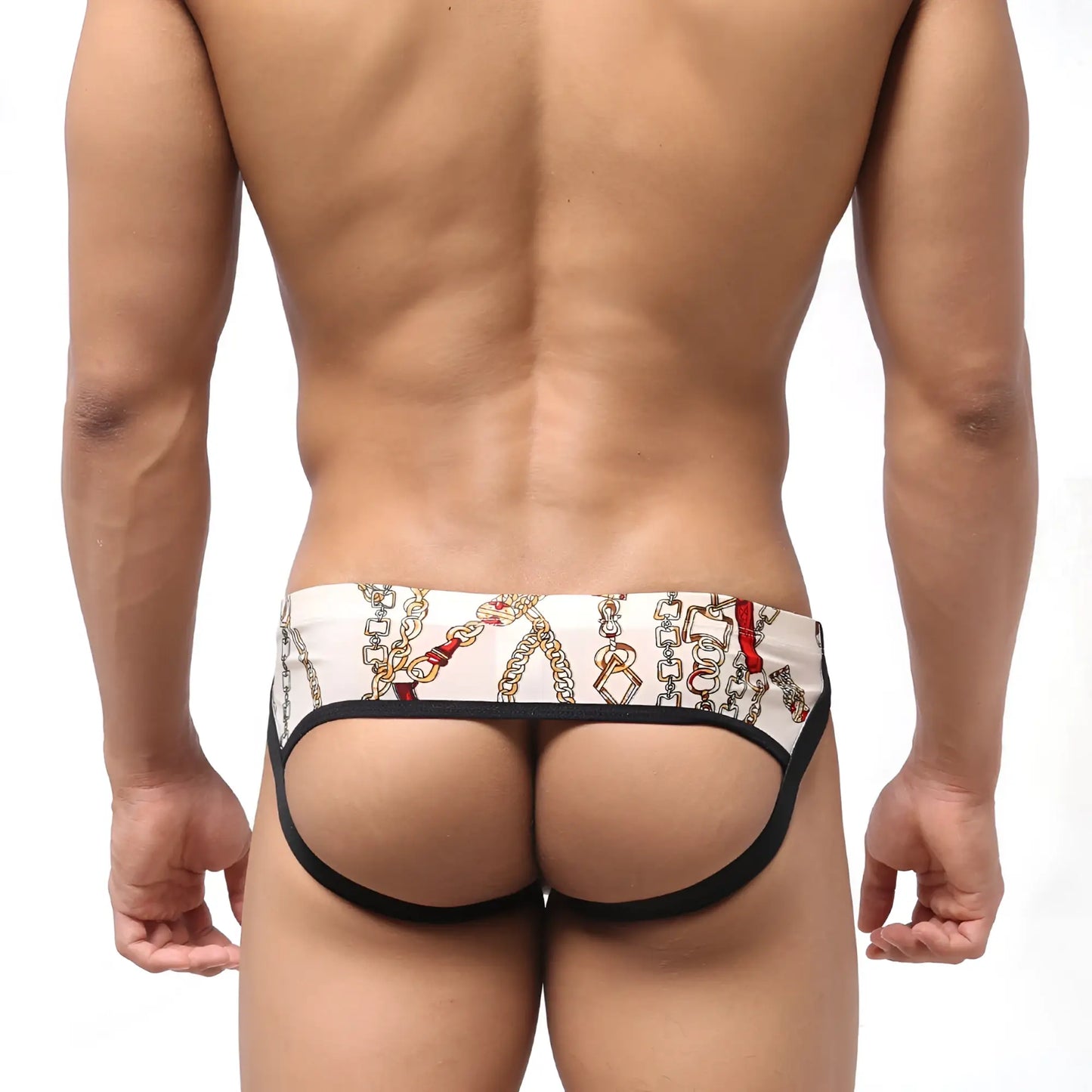 White briefs with chain and red accent pattern black trim from MetroMaleWear despejado jock strap lujos 1301-31