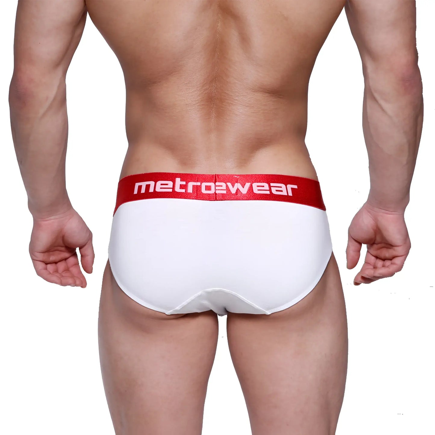 White briefs with a red waistband featuring the metro2wear logo from metromalewear downhole brief white 3029-00