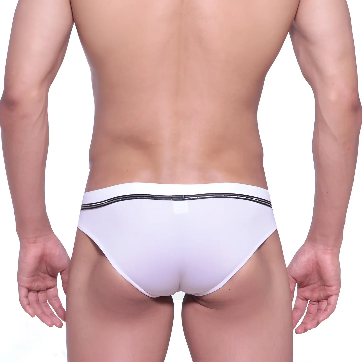 MetroMaleWear Duque swim brief white features white briefs with a black elastic waistband and subtle glittery detailing