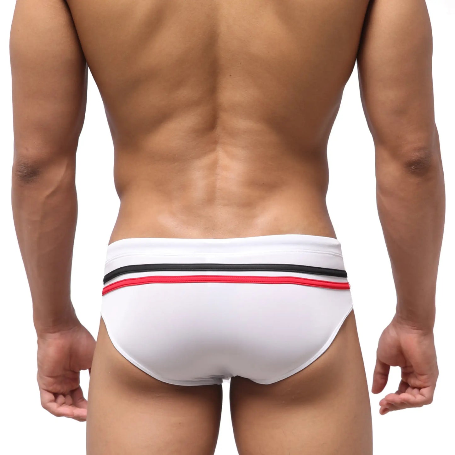 White swim trunks with a black and red striped waistband from MetroMaleWear Eagle Swim Brief 4948-01