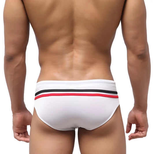 White swim trunks with a black and red striped waistband from MetroMaleWear Eagle Swim Brief 4948-01