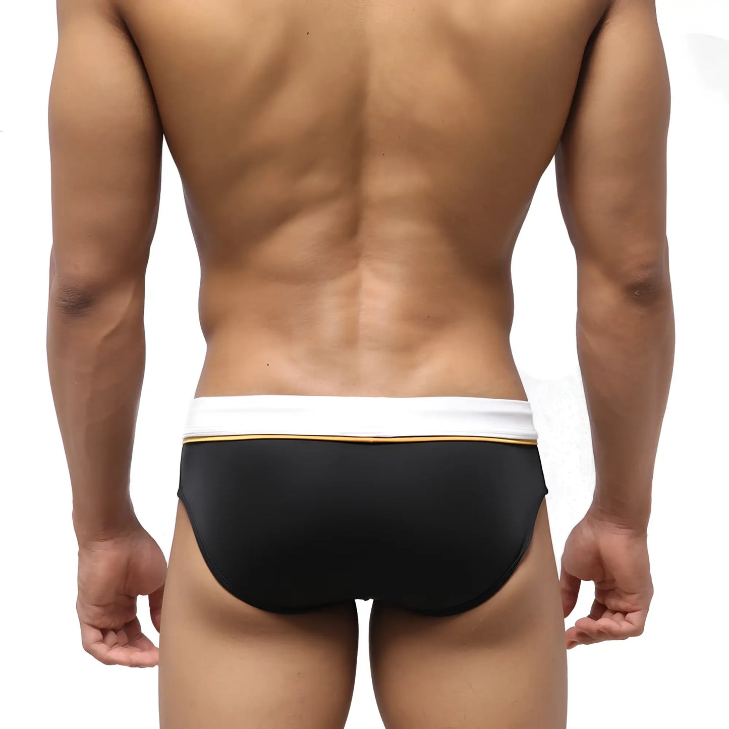 MetroMaleWear edge swim brief black with white waistband and gold trim designed for comfortable swimming