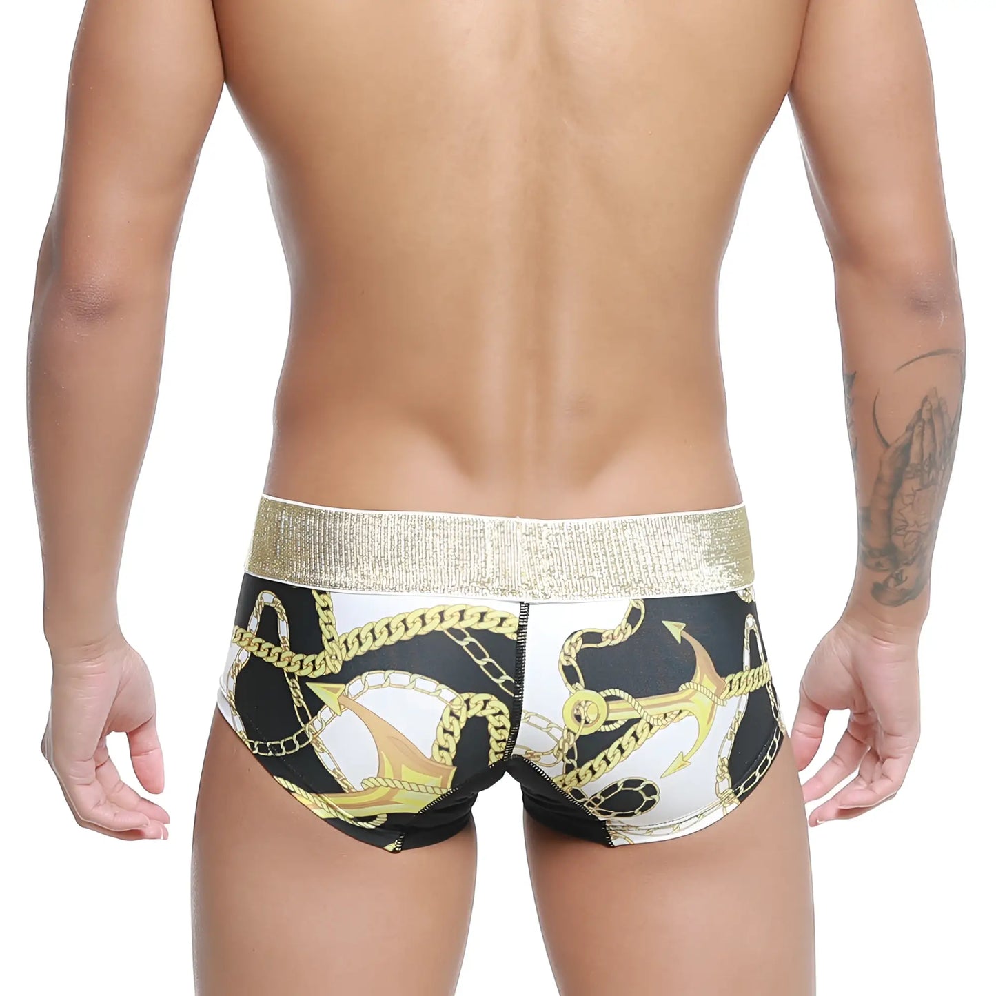 MetroMalewear egyptian trunk 7013-99 black and white swim trunks with gold anchor and chain pattern and metallic waistband