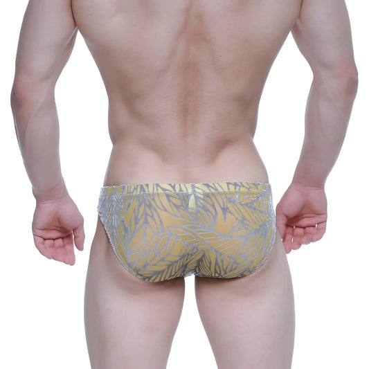 MetroMaleWear Elegant Bikini 5103-M65 yellow and silver tropical leaf-patterned swim trunks for men