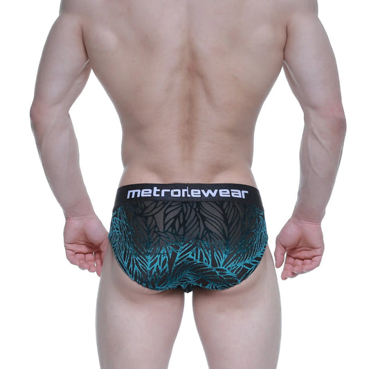 MetroMaleWear elegant brief black 5203-63 with black and teal tropical leaf pattern and branded waistband