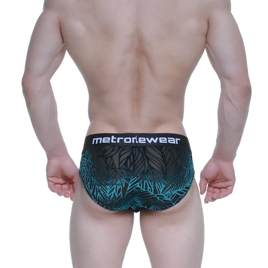 MetroMaleWear elegant brief black 5203-63 with black and teal tropical leaf pattern and branded waistband