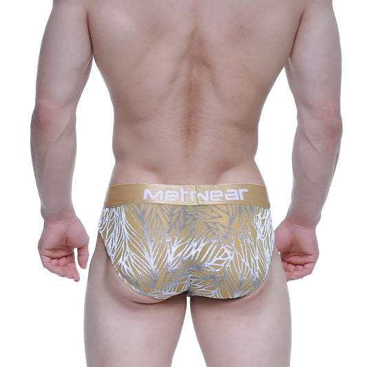 Gold and silver leaf patterned men’s briefs with a tan metwear waistband from metromalewear elegant brief gold 5203-62