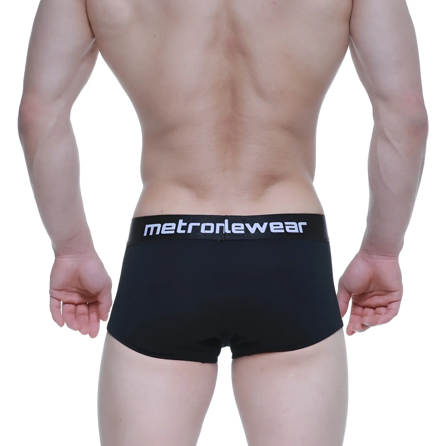 Black metro male wear elemental boxer briefs with white metronewear logo on waistband for comfortable fit