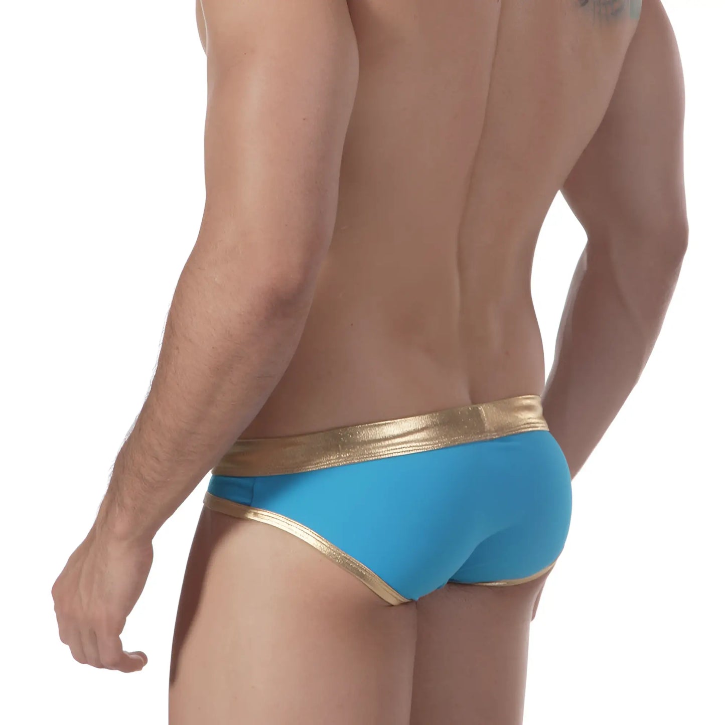 Bright blue metroMalewear empire swim brief in turquoise with a shiny gold waistband and trim for stylish swimming