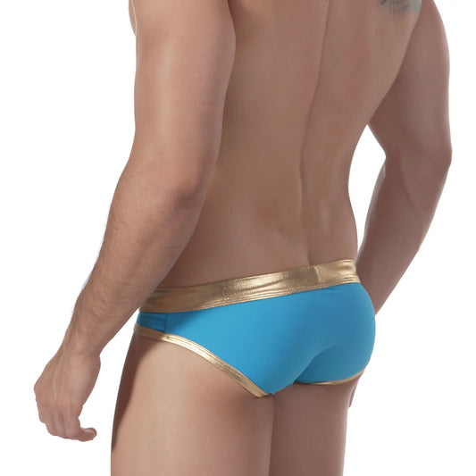 Bright blue metroMalewear empire swim brief in turquoise with a shiny gold waistband and trim for stylish swimming
