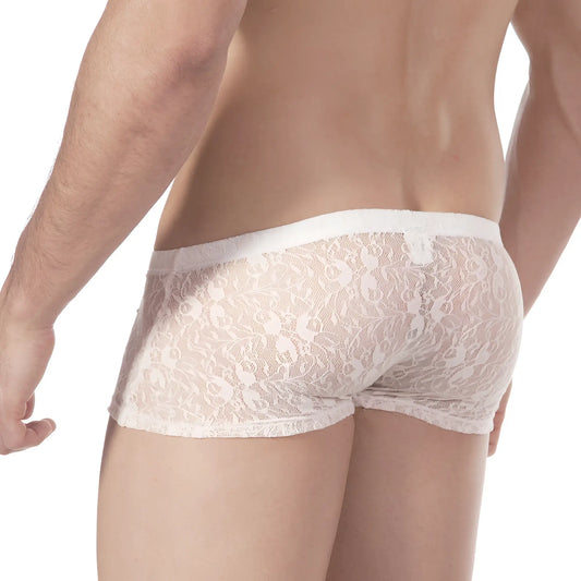 White lace men’s briefs with a delicate floral pattern and an elastic waistband.