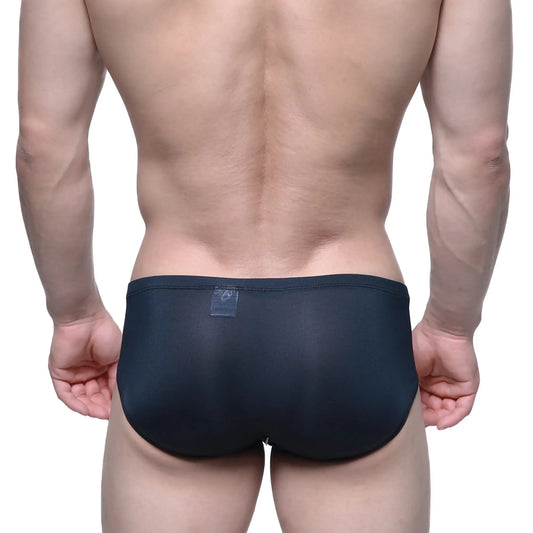 Black form-fitting swim trunks by MetroMaleWear Entropy Bikini 1006-21 with smooth stretchy fabric and transparent waistband label