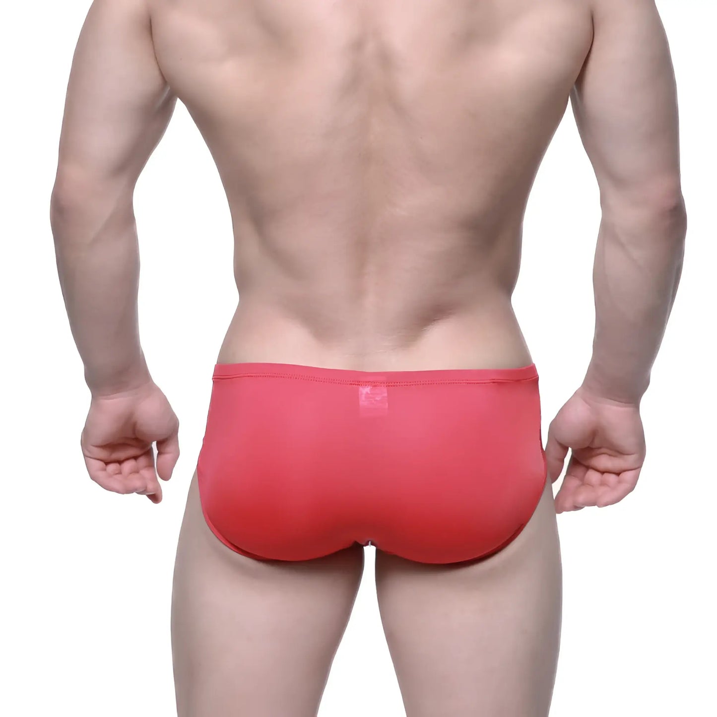 Back view of red metro male wear entropy bikini briefs with smooth fabric and small logo on the waistband