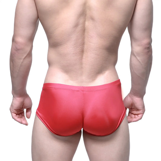 MetroMaleWear Entropy red swim trunks in shiny fabric designed for comfortable and stylish beachwear