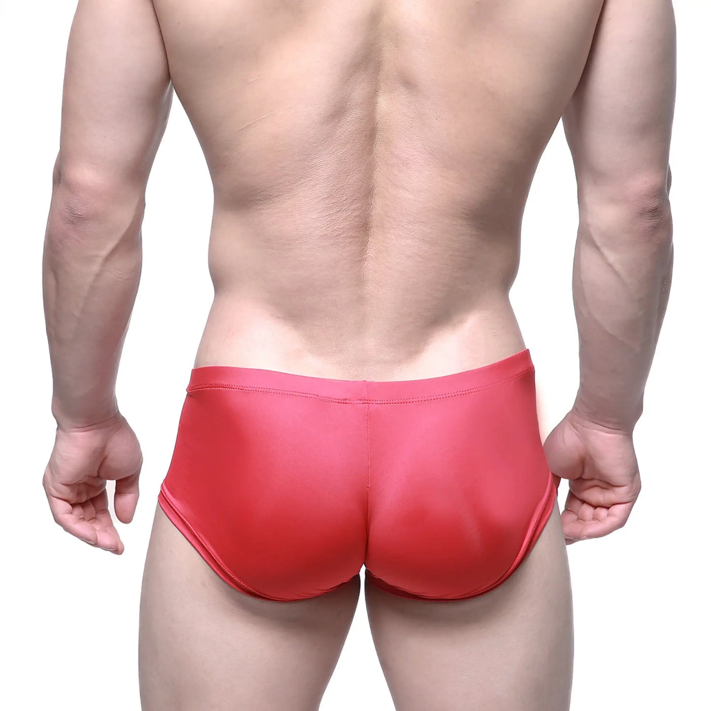 MetroMaleWear Entropy red swim trunks in shiny fabric designed for comfortable and stylish beachwear