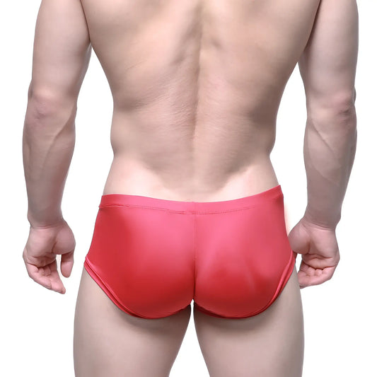 MetroMaleWear Entropy red swim trunks in shiny fabric designed for comfortable and stylish beachwear