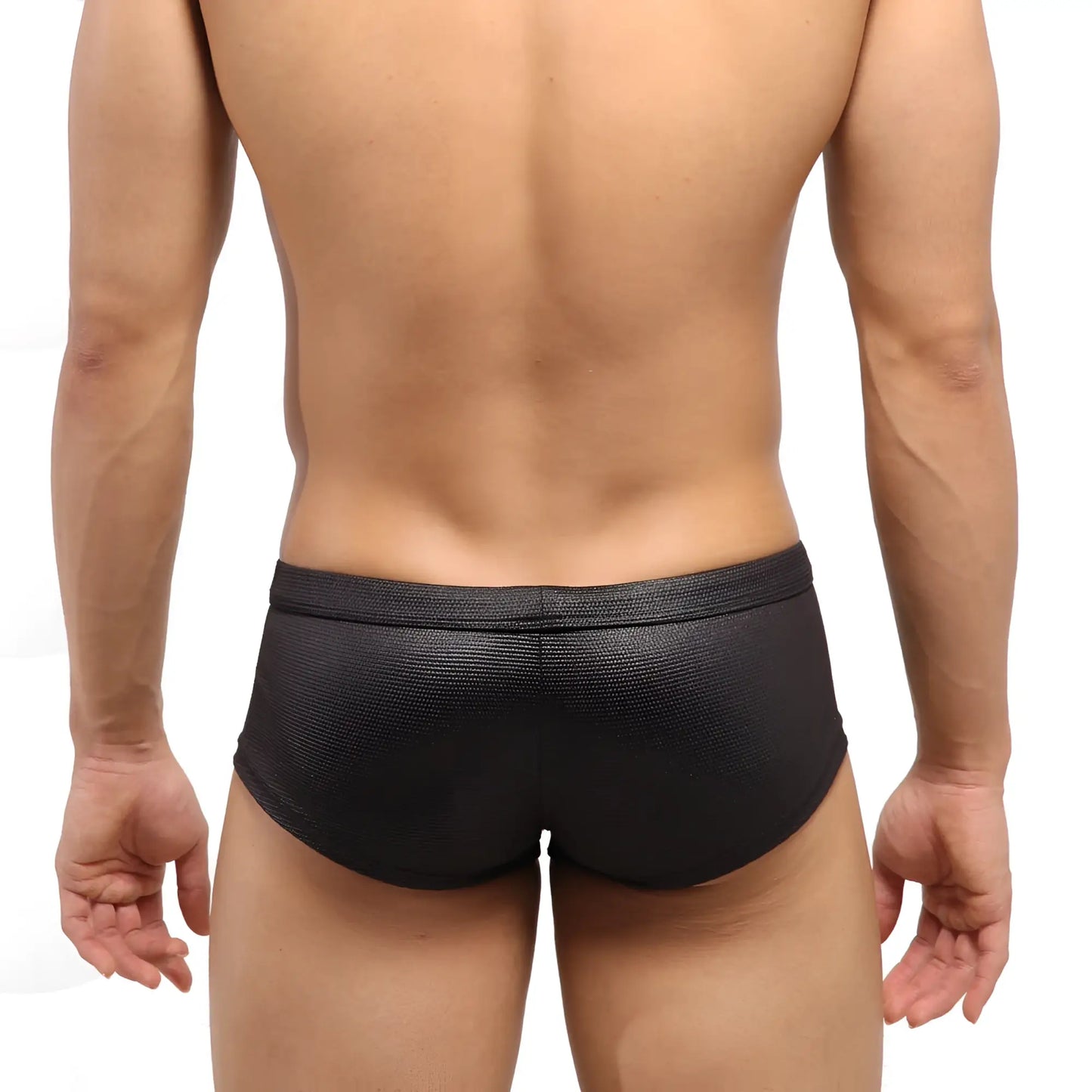 MetroMaleWear Escondido hip trunk metal black snug fit swim trunks with elastic waistband and textured fabric