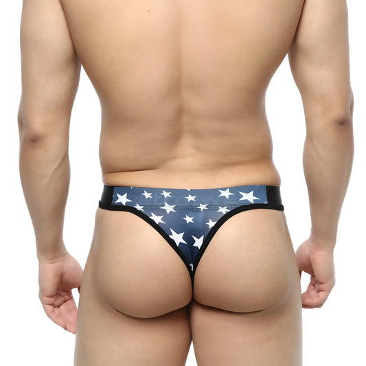 MetroMaleWear Estella thong 2502-91 in blue and white star pattern with black trim showing front view
