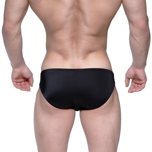 Black sleek swim trunks with subtle textured finish by MetroMaleWear Eureka Bikini model 5223-20