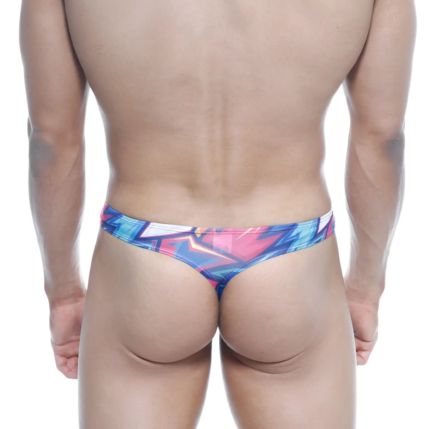 Vibrant graffiti-style printed MetroMaleWear Eureka thong in bold blue pink and white hues
