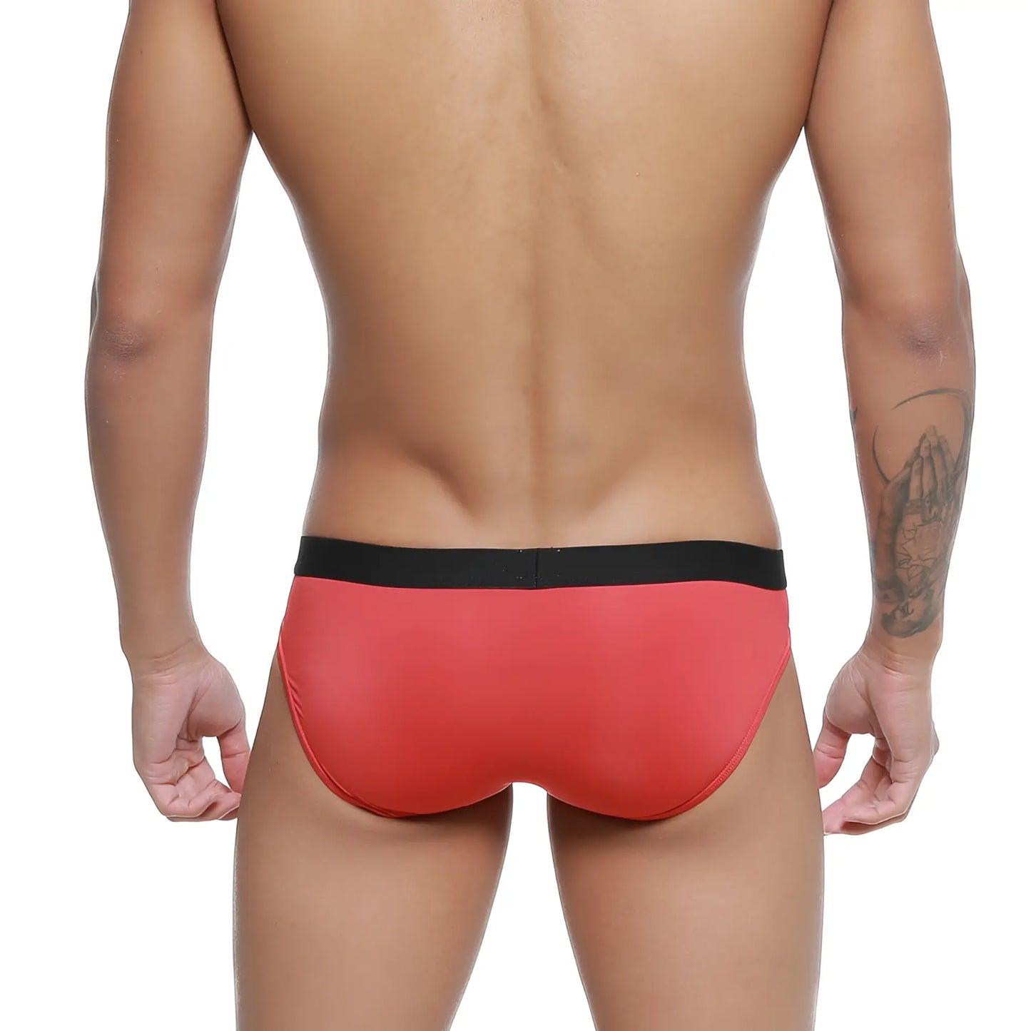 Metro male wear expose brief red swim trunks with black waistband designed for comfortable beachwear use