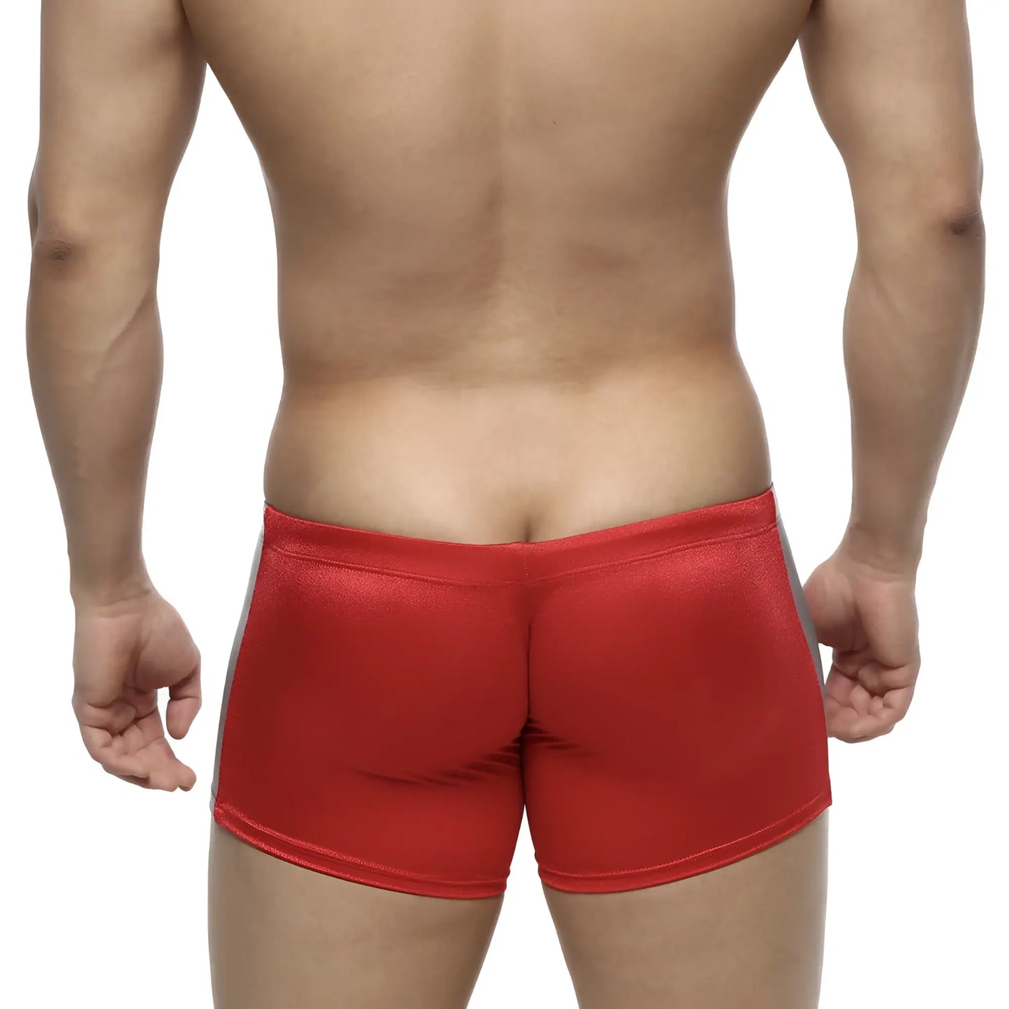 Metro male wear extreme square red metallic swim trunks with gray side panels for men