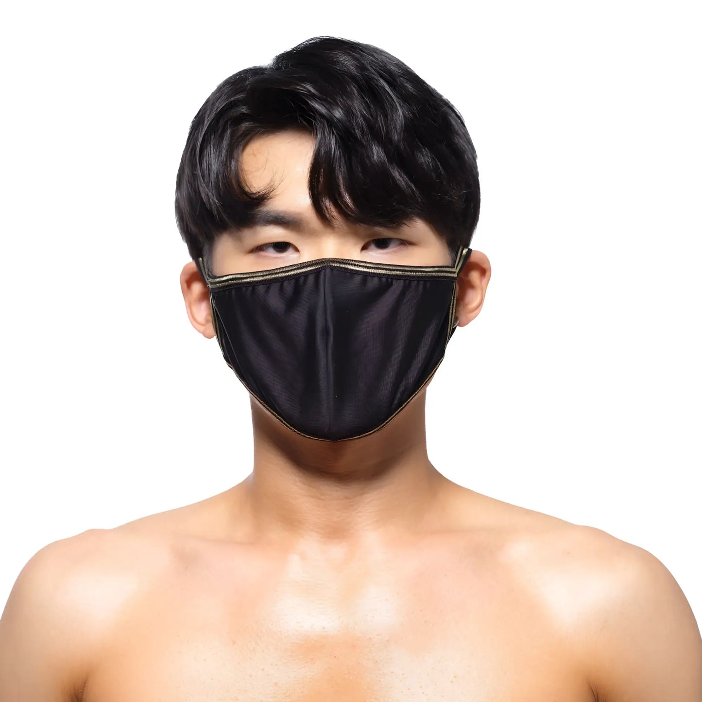 MetroMaleWear face mask black 0111-20 with gold trim featuring a stylish breathable fabric design