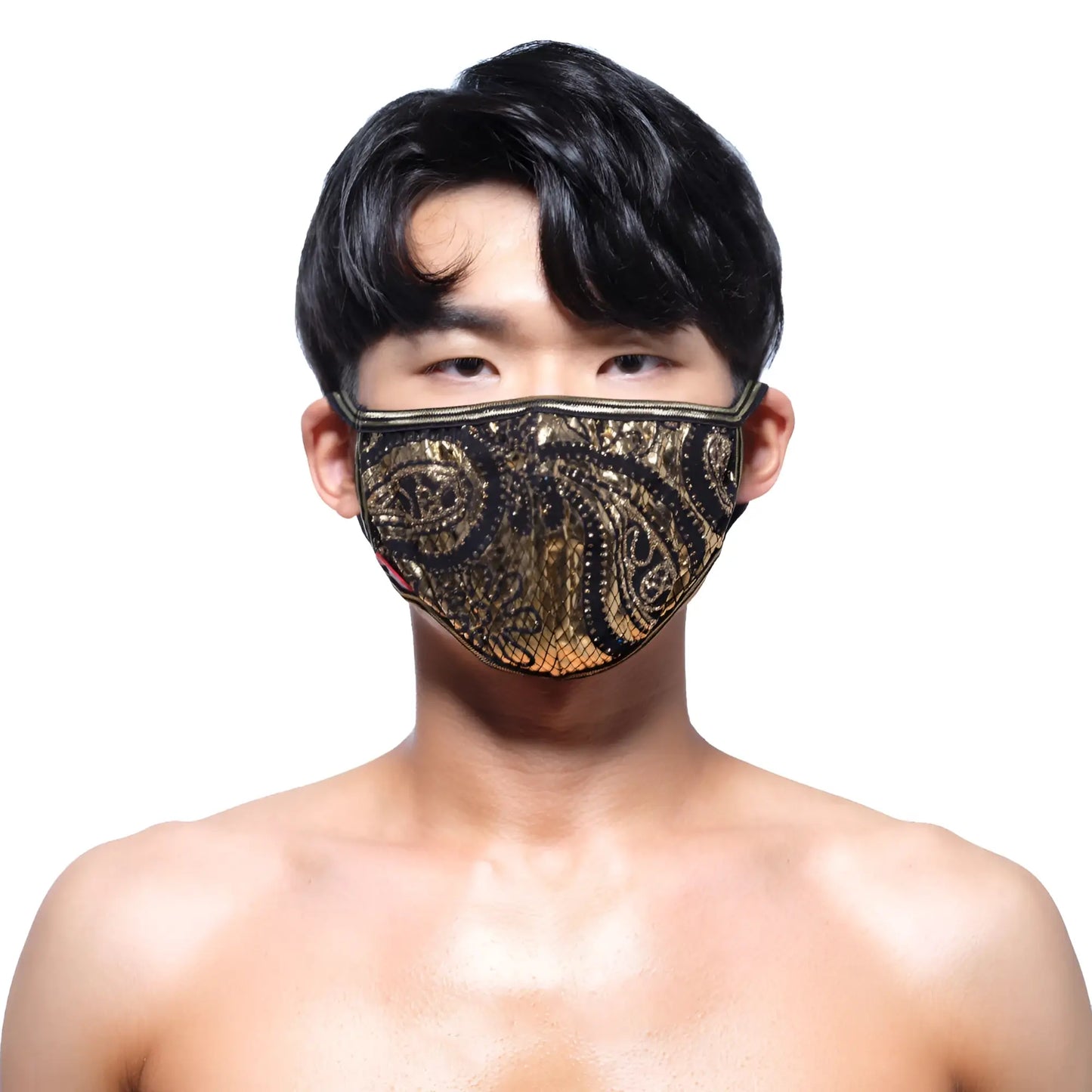 A black and gold sequined face mask with an intricate metal paisley design by MetroMaleWear