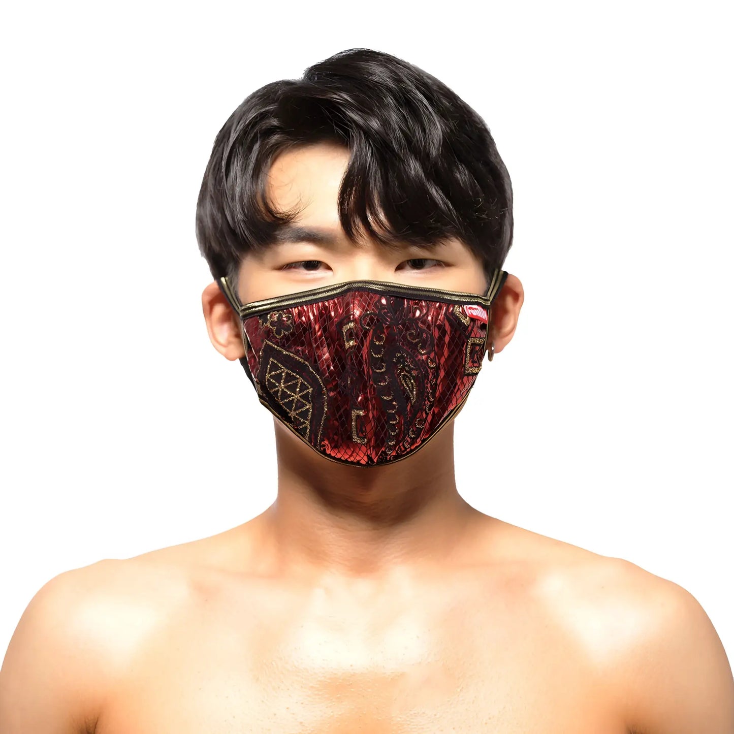 A red and black sequined MetroMaleWear face mask with gold metal paisley embroidery details