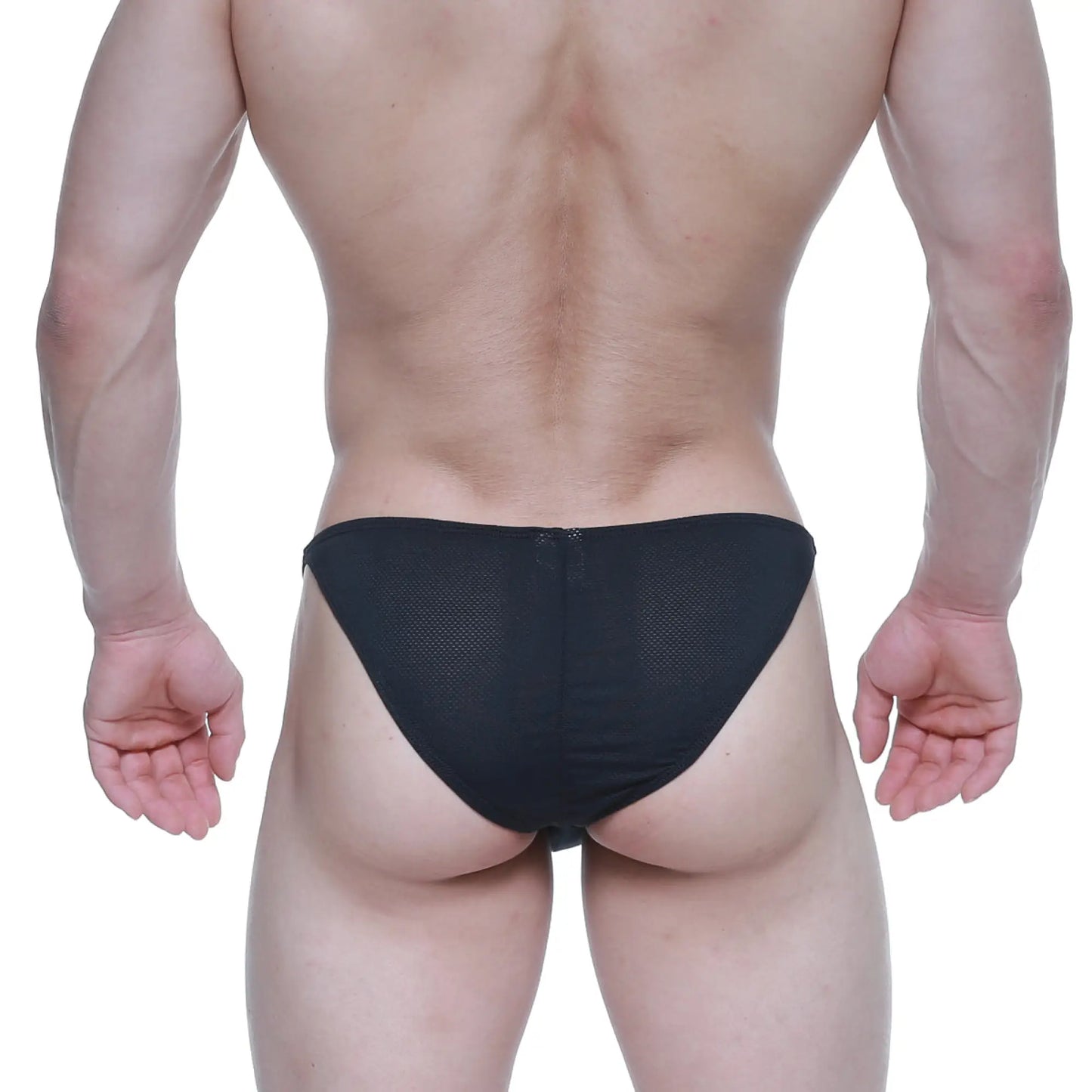 Black mesh briefs with a zipper closure at the back from metromalewear fantasy bikini black 6116-20