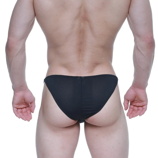Black mesh briefs with a zipper closure at the back from metromalewear fantasy bikini black 6116-20