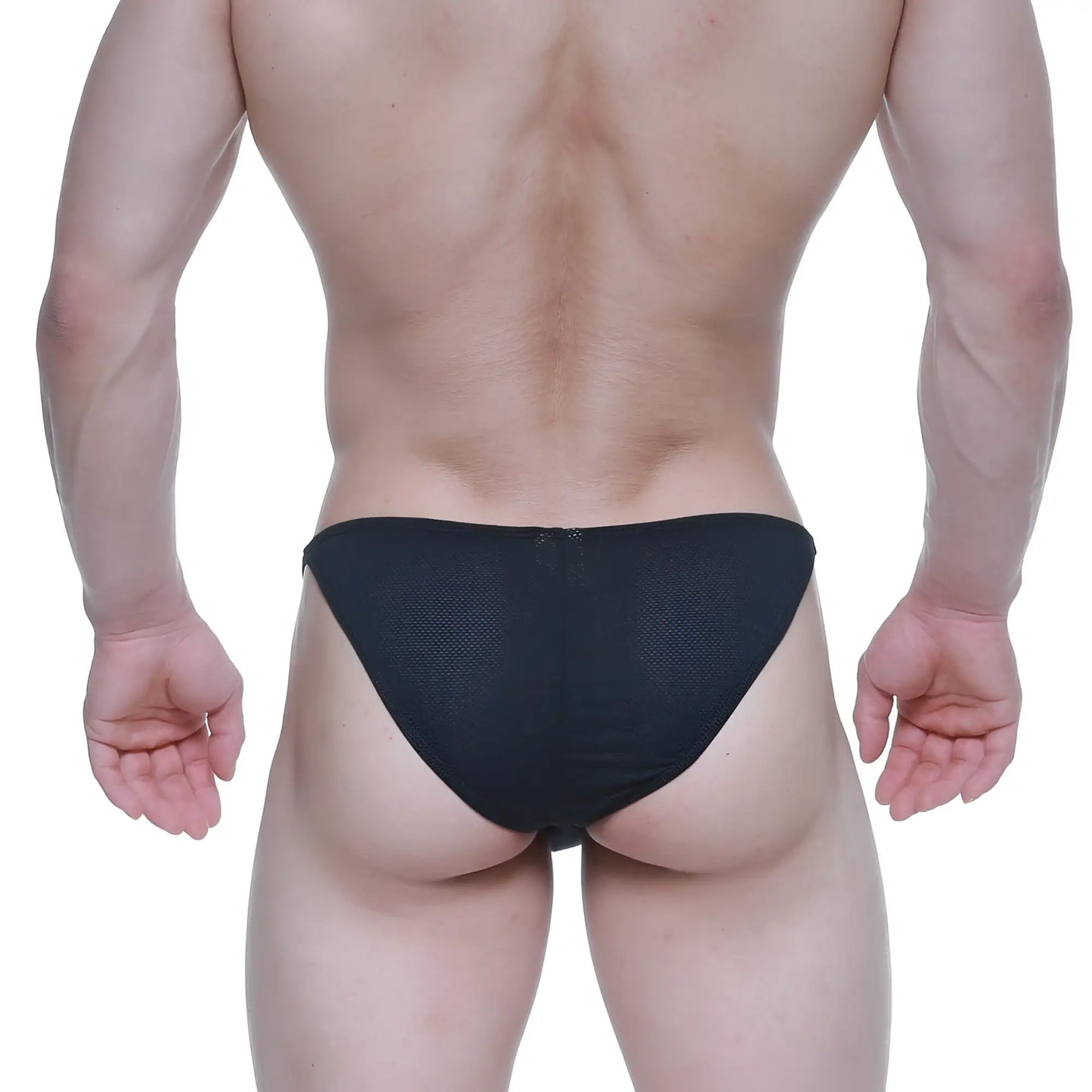Black mesh briefs with a zipper closure at the back from metromalewear fantasy bikini black 6116-20