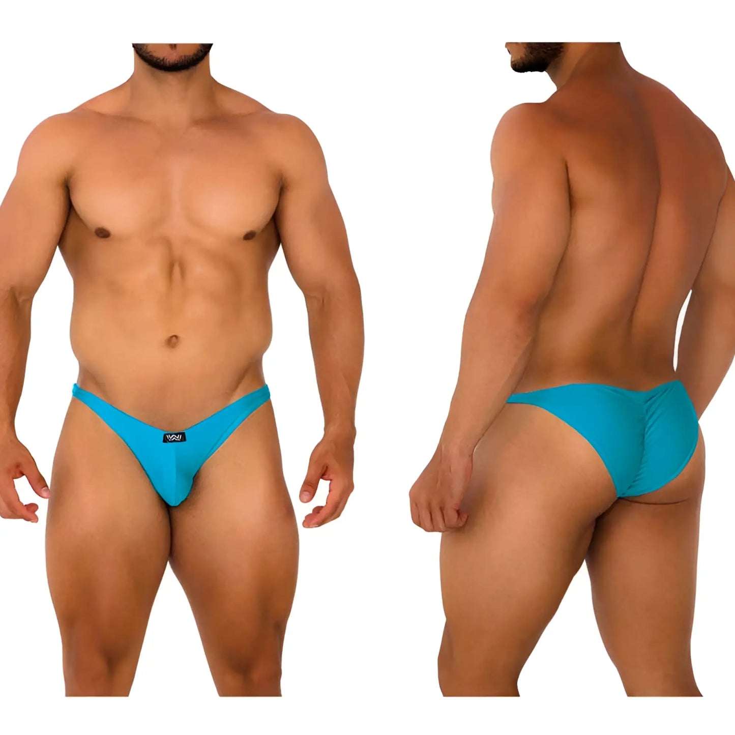 Vibrant turquoise MetroMaleWear Fantasy bikini briefs with a sleek, form-fitting design and waistband branding.