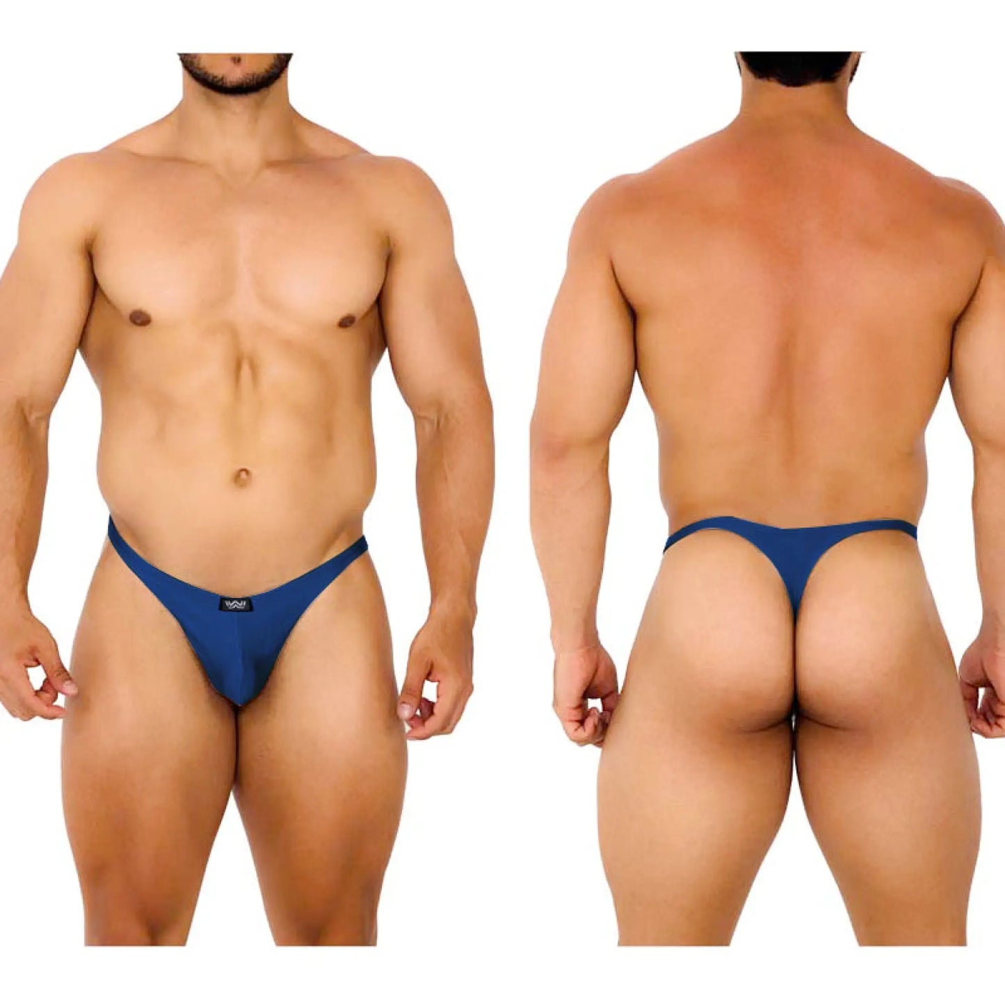 Blue MetroMaleWear Fantasy thong navy 6112-28 with sleek form-fitting design and small black brand tag at the front