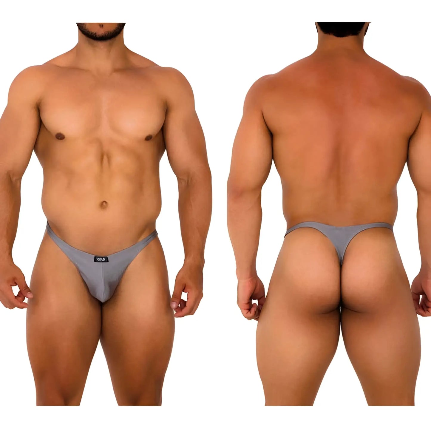 Gray metro malewear fantasy thong platinum 6112 10 with small black logo on the front in soft breathable fabric