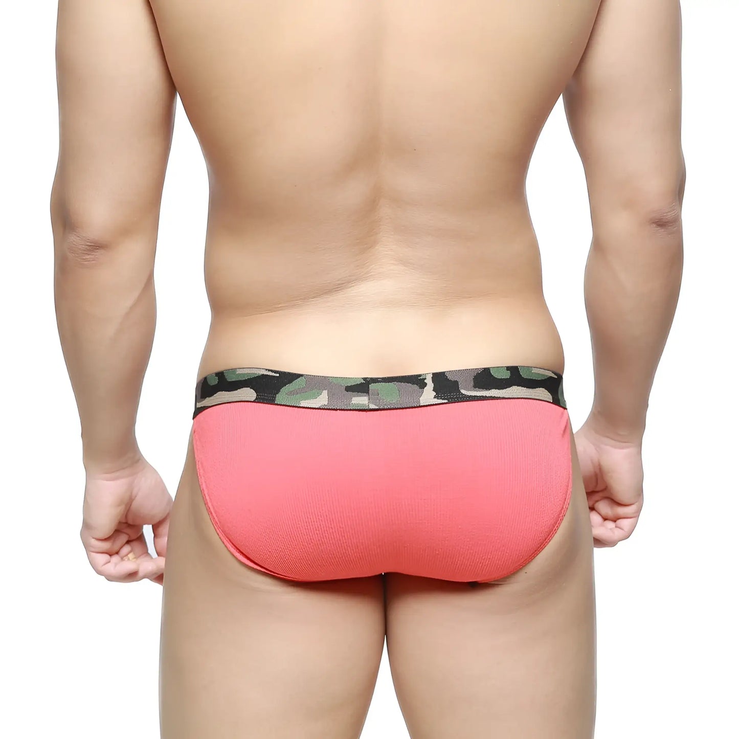 Coral pink metro malewear felix bikini briefs with camouflage-patterned waistband for men
