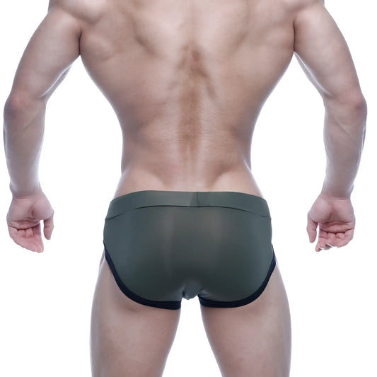 Olive green sheer briefs with black trim from metromalewear filosofico bikini 2304-26 showing front view