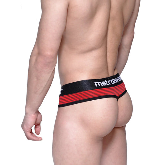 MetroMaleWear fine thong in red and black stripes with a sleek form fitting design shown from the back side