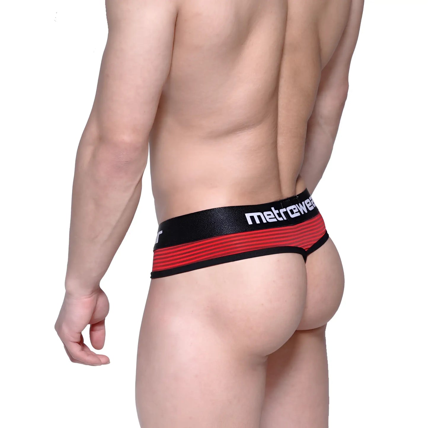 MetroMaleWear fine thong in red and black stripes with a sleek form fitting design shown from the back side