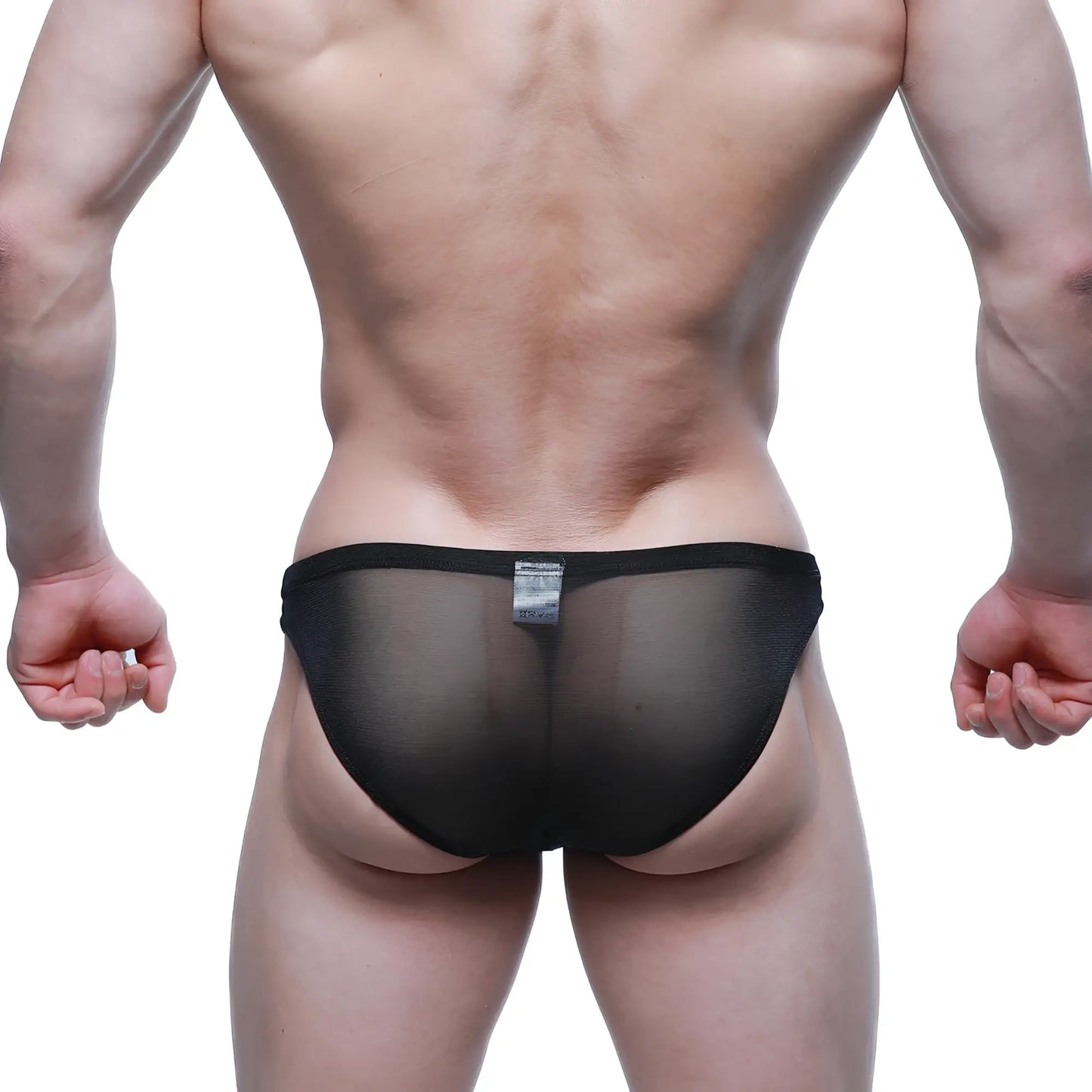 Black sheer mesh briefs with a solid black waistband metroMalewear fior bikini 3603-72 front view
