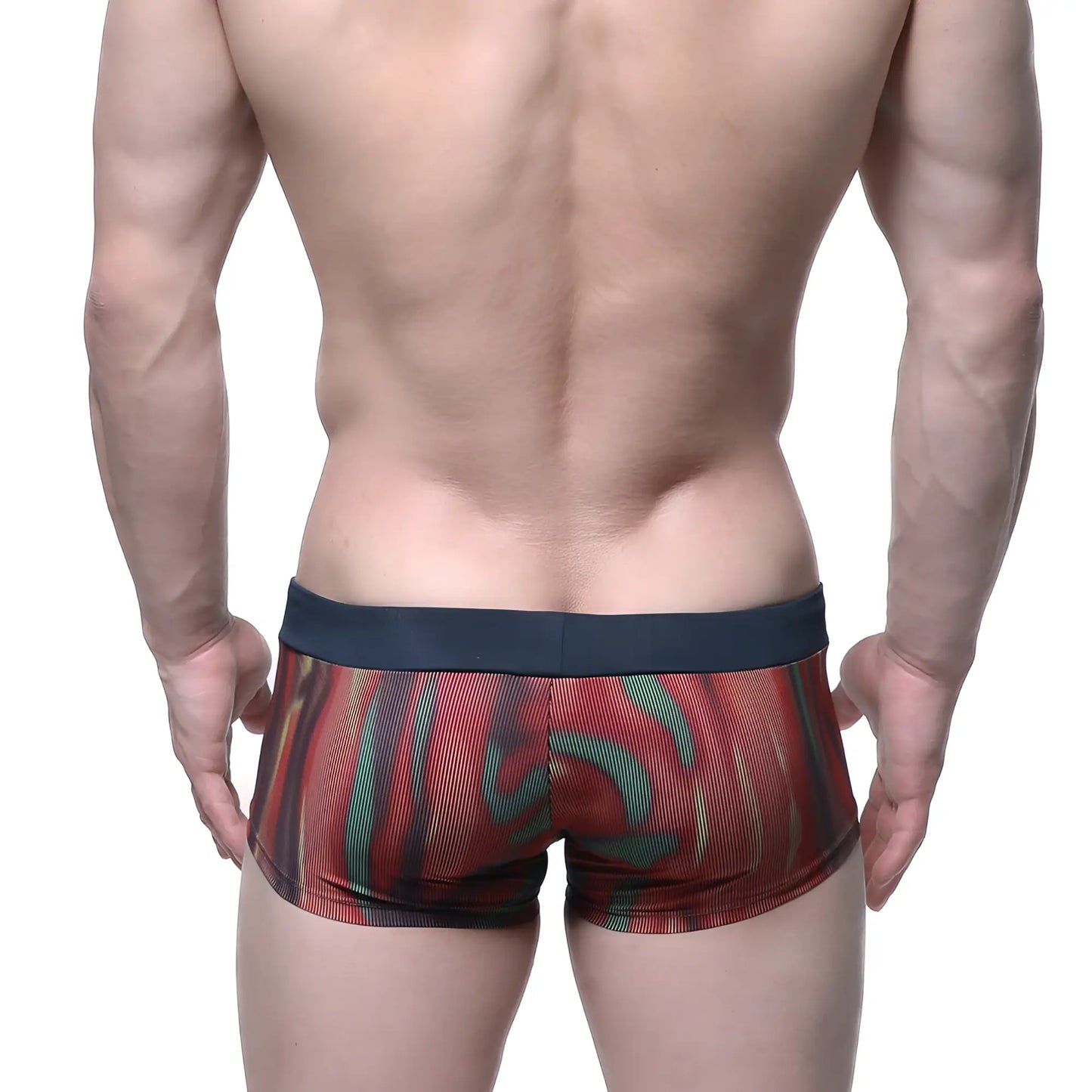 MetroMaleWear fire swim boxer briefs 4986-70 red and green abstract pattern with solid navy blue waistband
