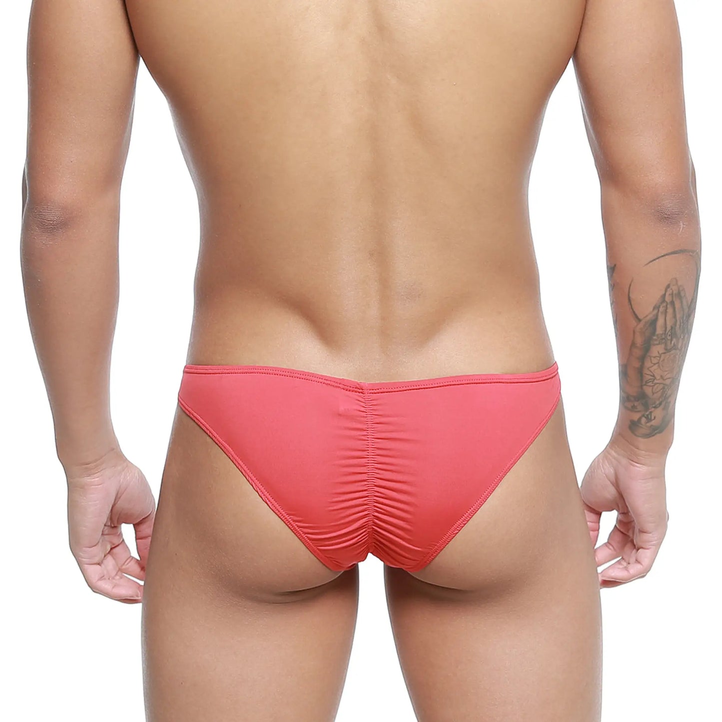 Coral-colored stretchy fabric briefs with a ruched back design metro male wear fits bikini red 6603-12 back view