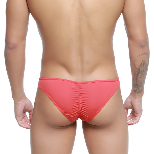 Coral-colored stretchy fabric briefs with a ruched back design metro male wear fits bikini red 6603-12 back view